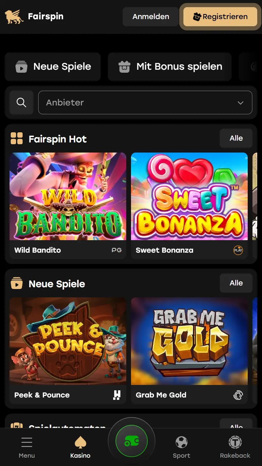 Fairspin Casino Spieleseite