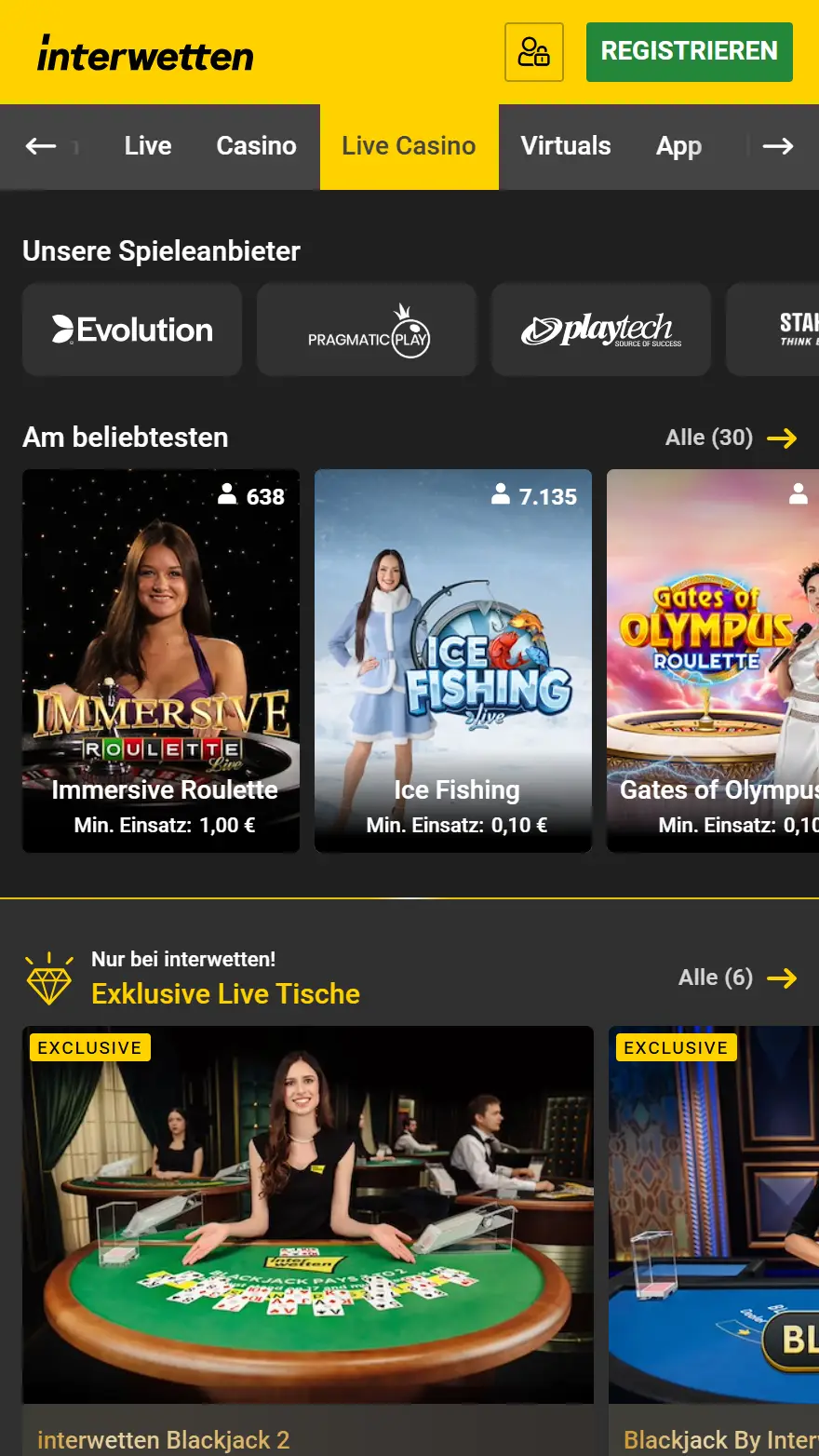 Interwetten Live Casino-Seite