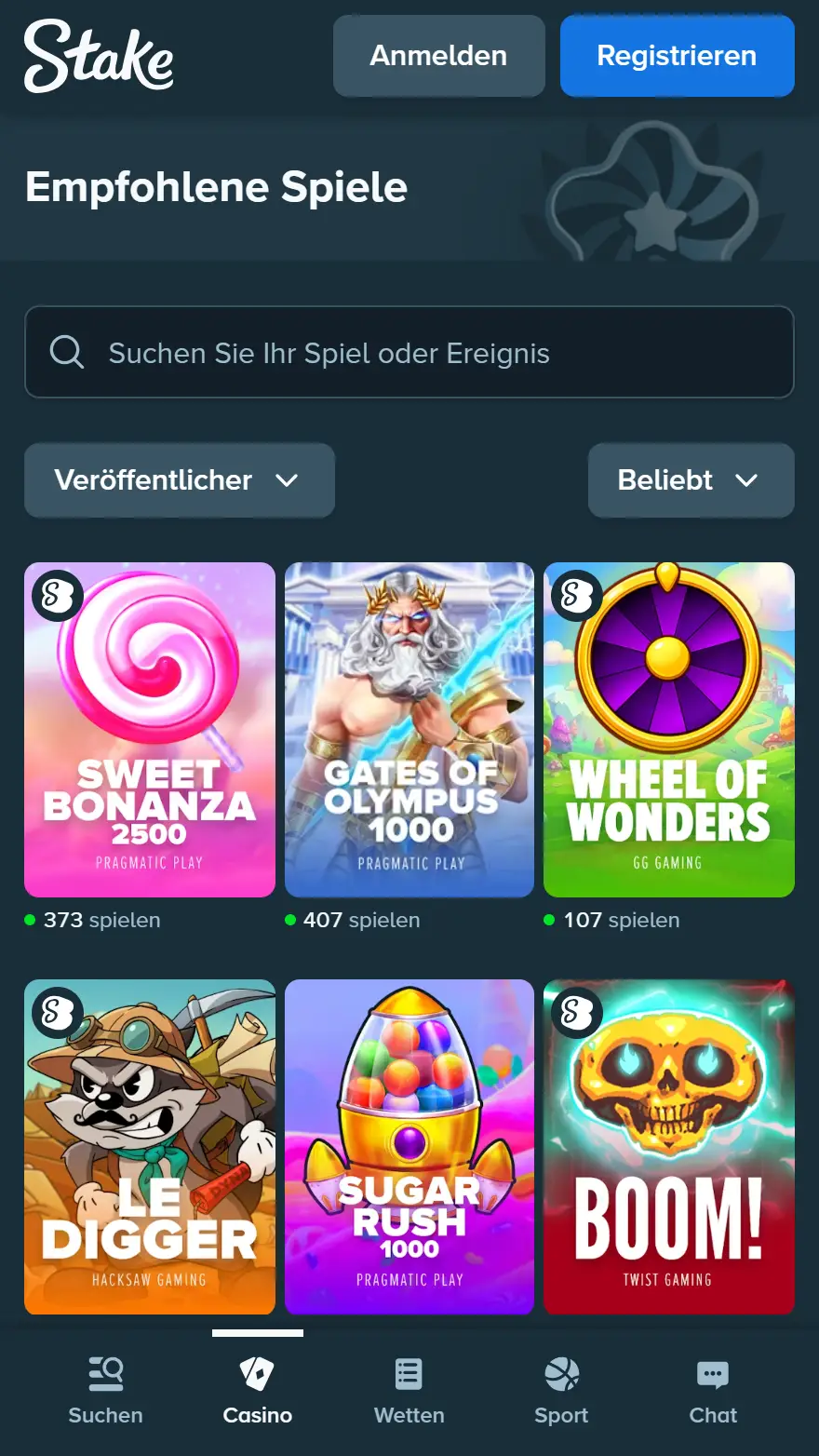 Stake Casino Spieleseite