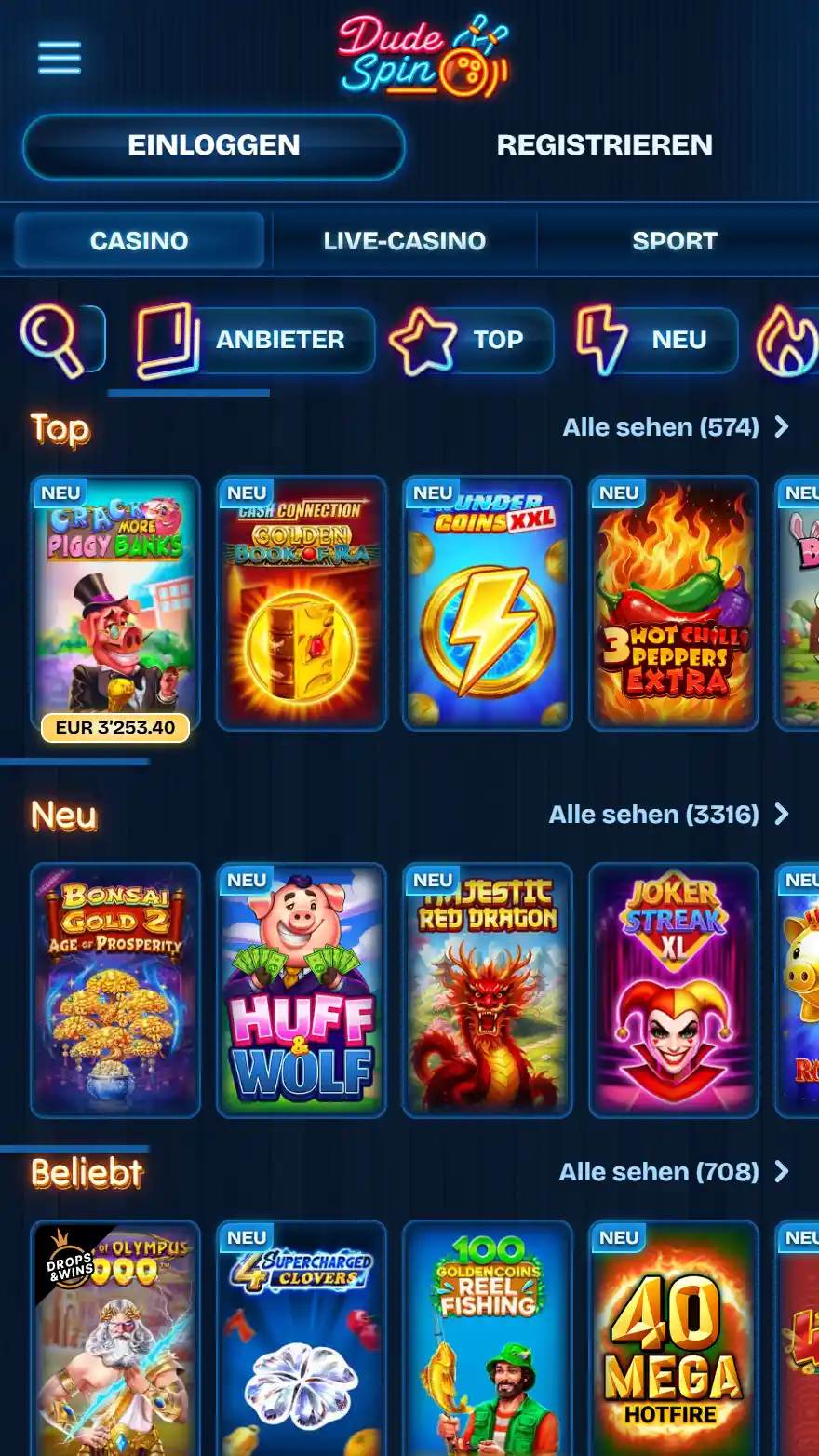 Dudespin Casino-Spieleseite