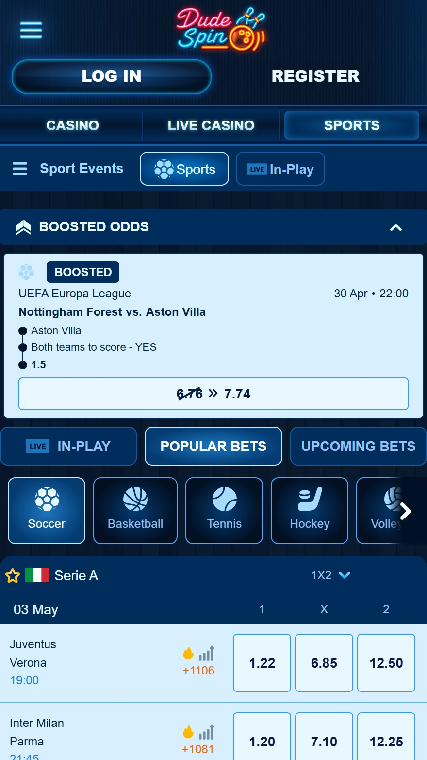 Dudespin sports betting page