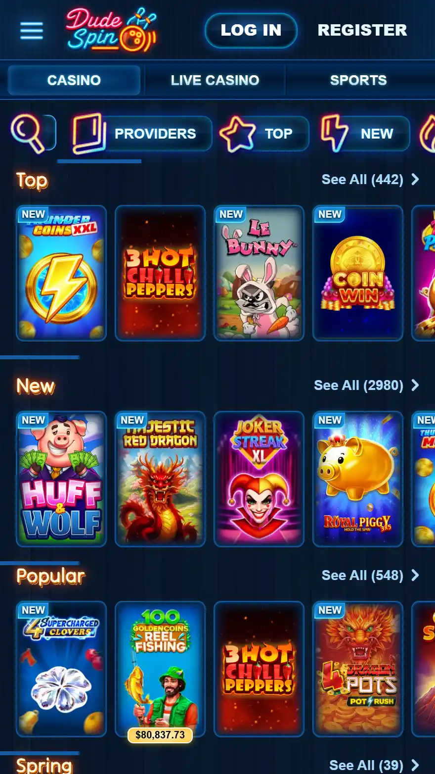 Dudespin Casino games page