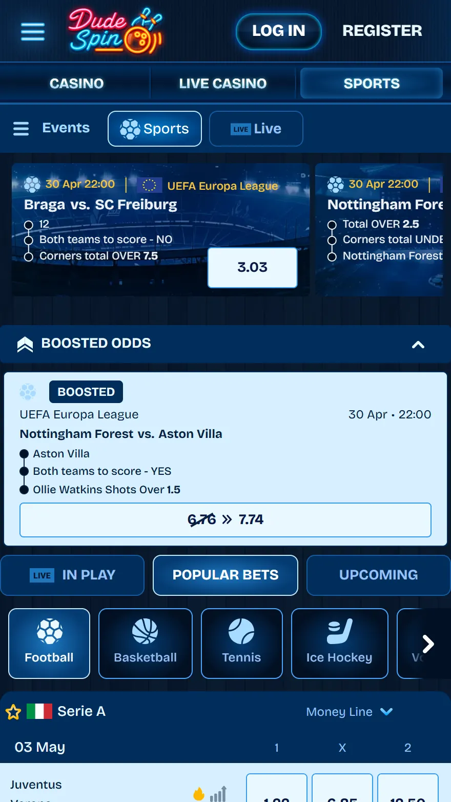 Dudespin sports betting page