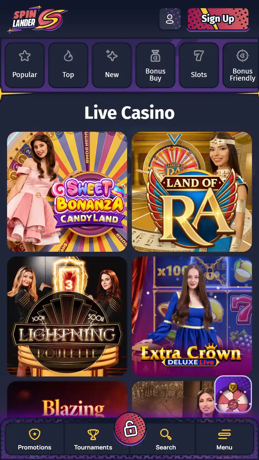 Spinlander live casino page