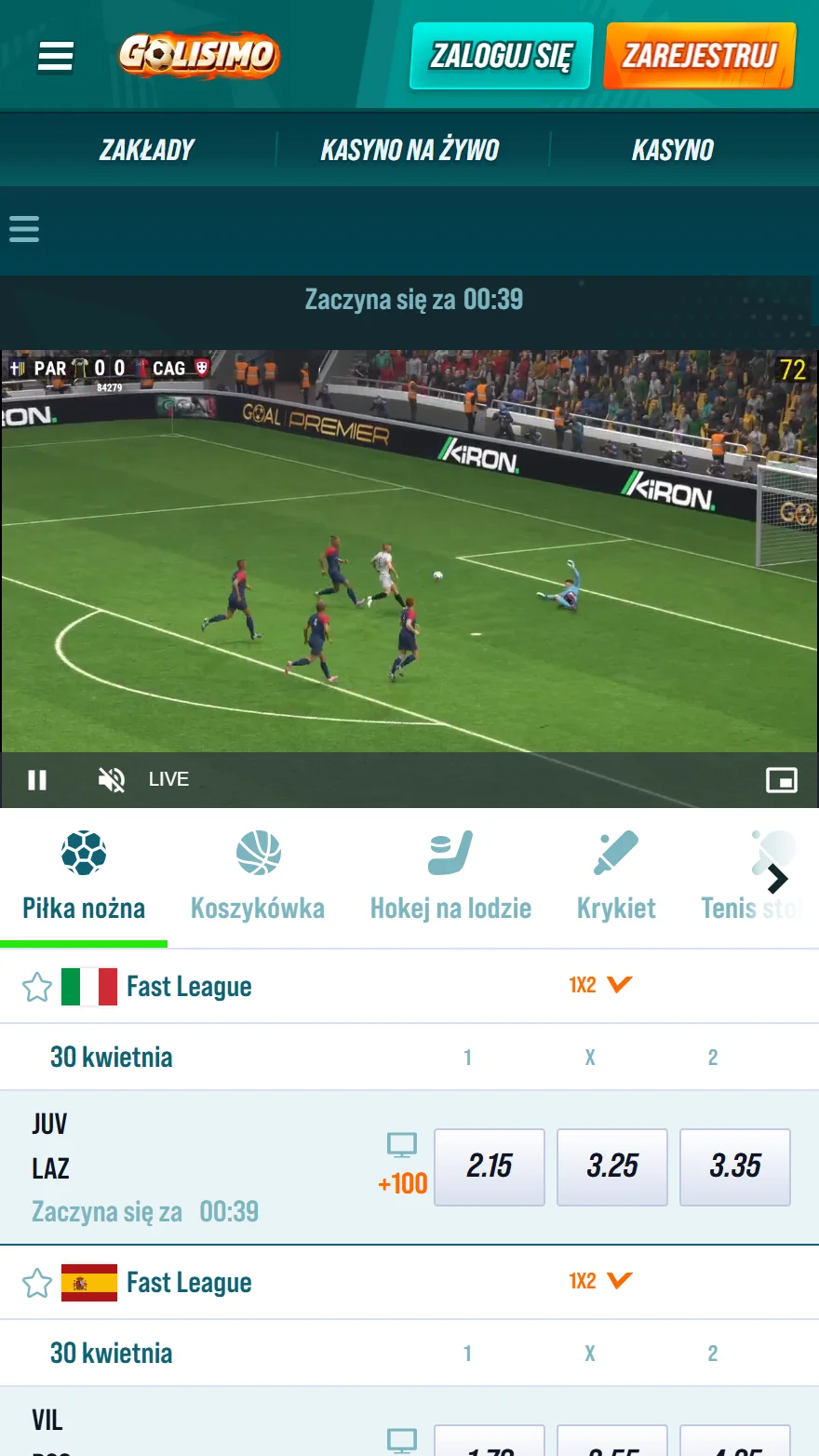 Strona sportów wirtualnych Golisimo