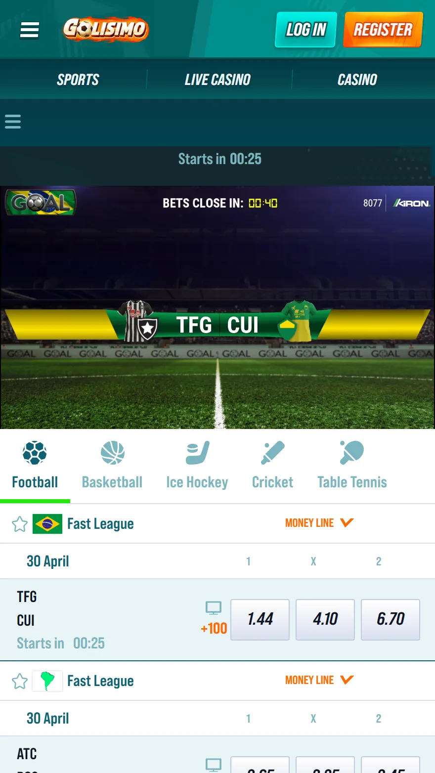 Golisimo virtual sports betting page