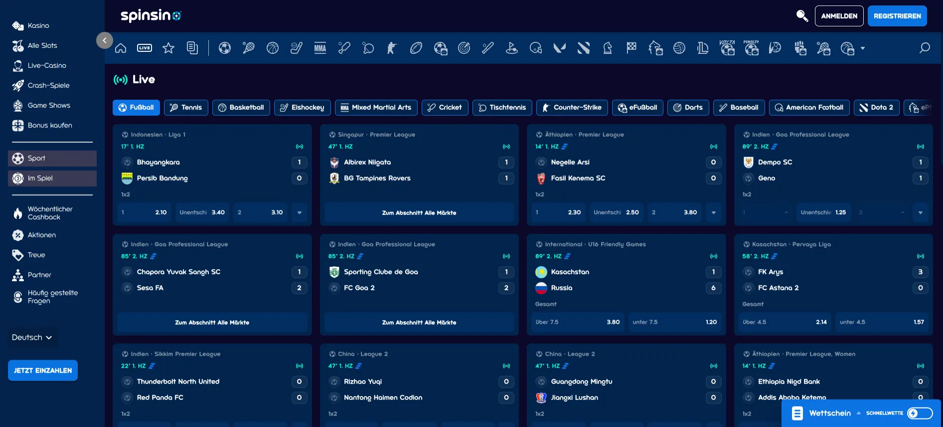 Spinsino Live-Sportwetten