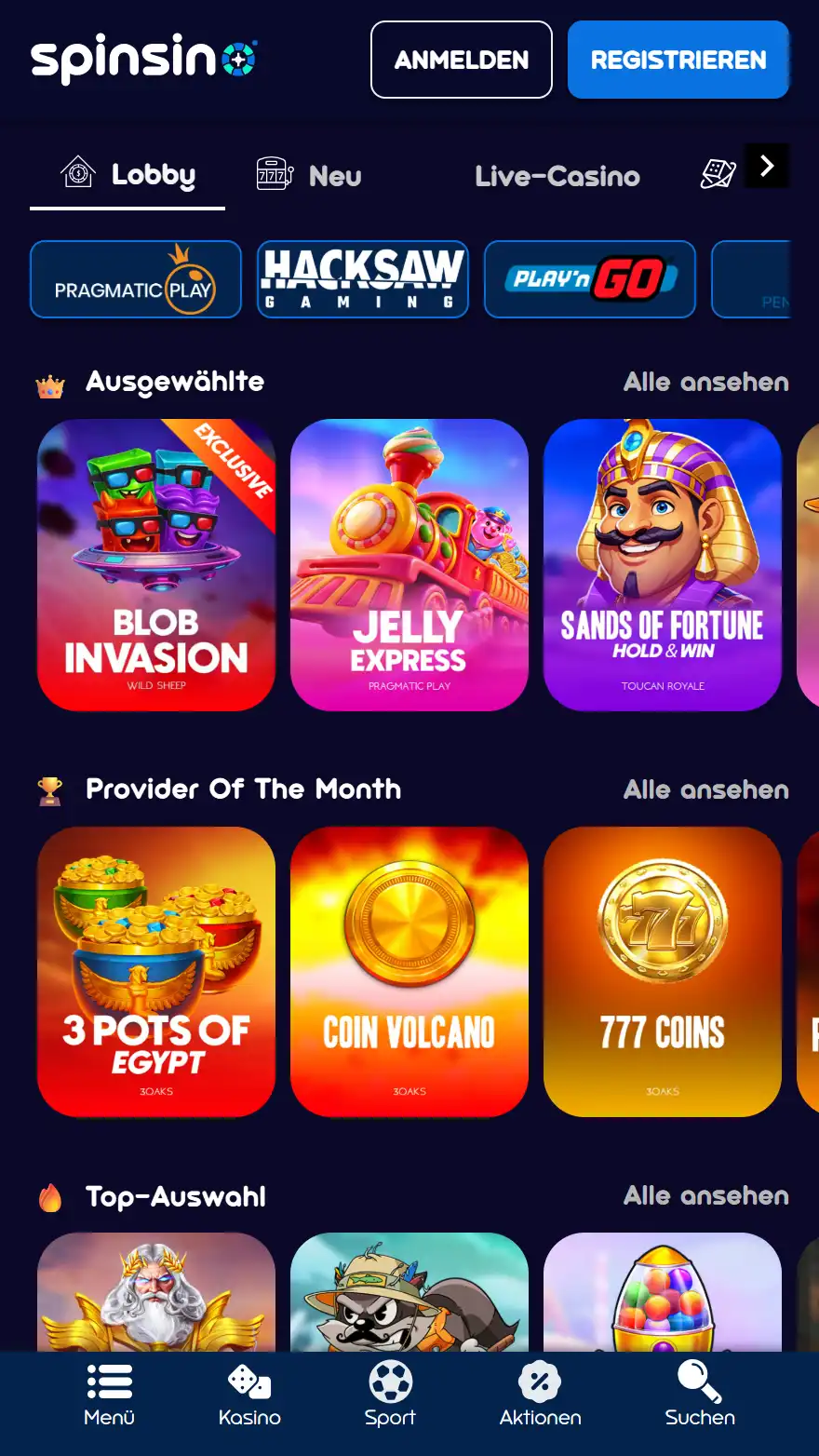 Spinsino Casino Spiele-Seite