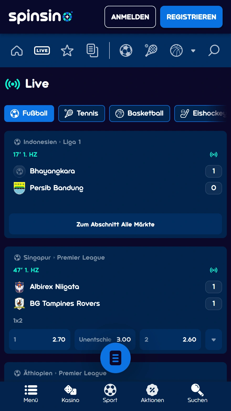 Spinsino Live-Sportwetten-Seite