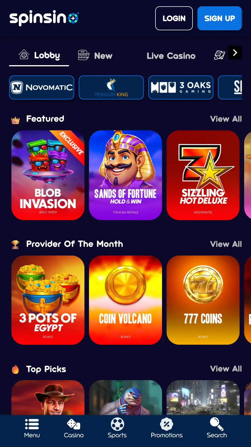 Spinsino Casino spelsida