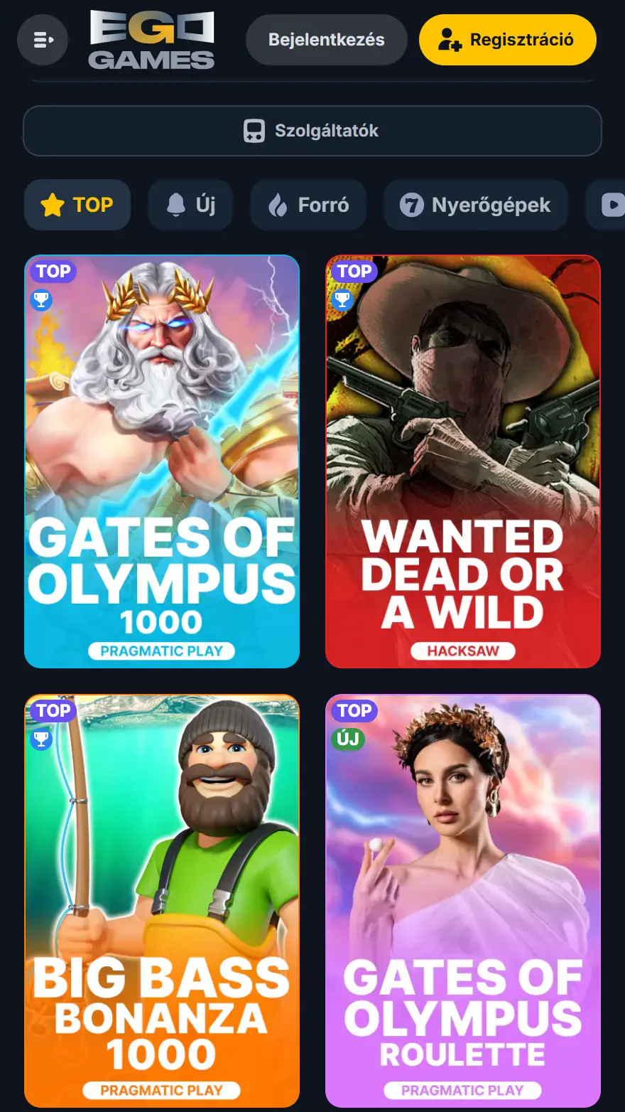 EgoGames kaszinó játékok oldala