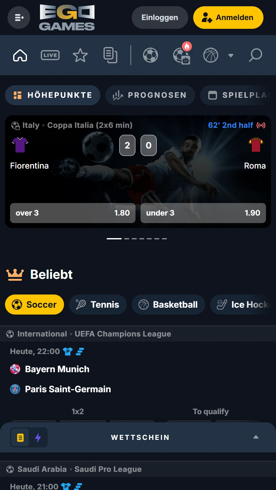 EgoGames Sportwetten-Seite
