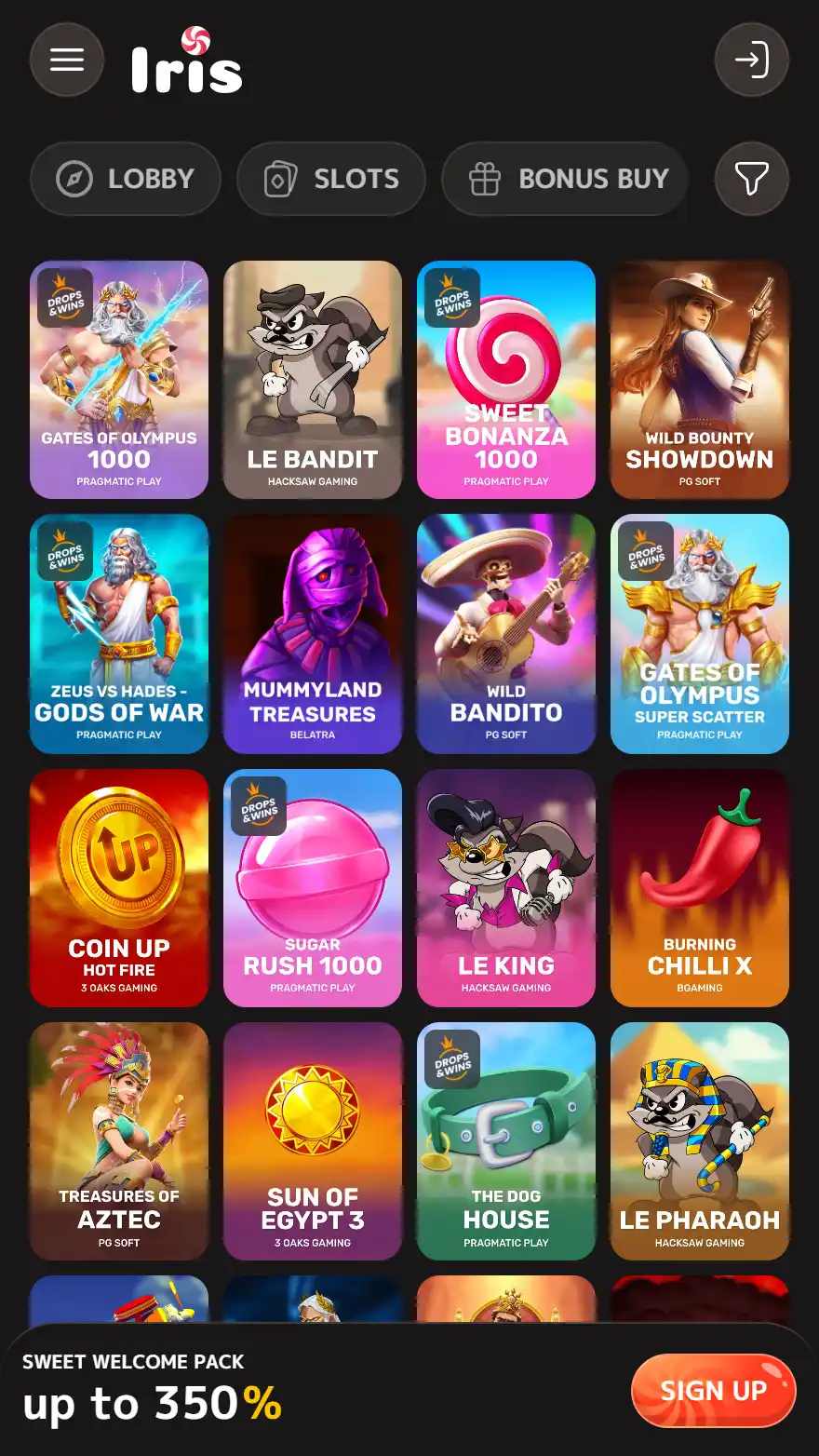 Iris Casino spēļu lapa