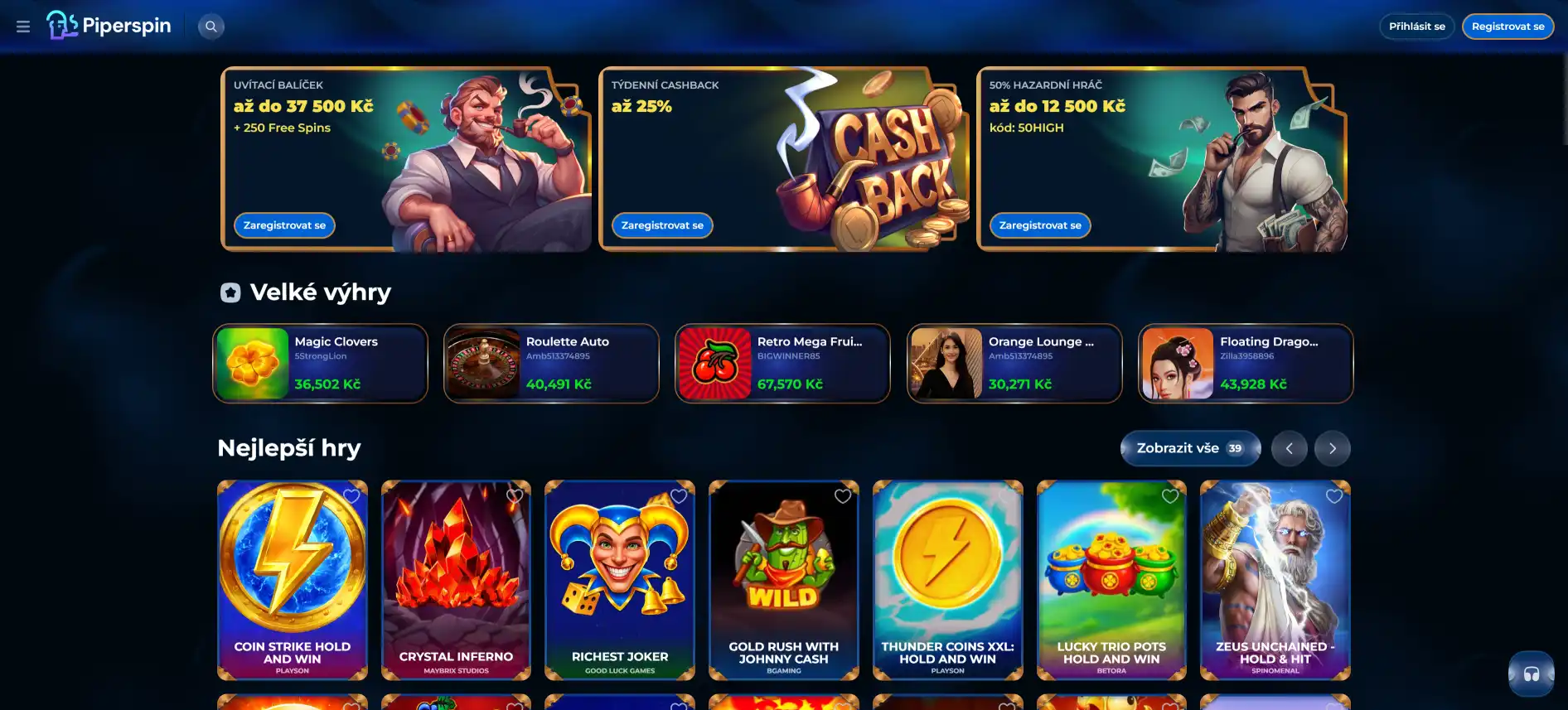 Domovská stránka PiperSpin Casino