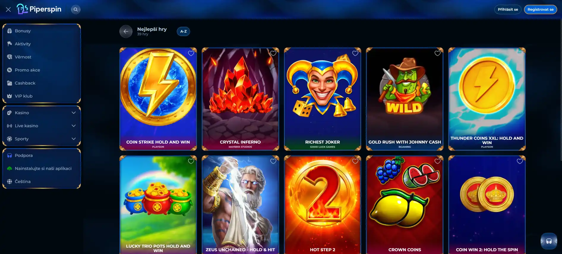 Stránka s hrami PiperSpin Casino