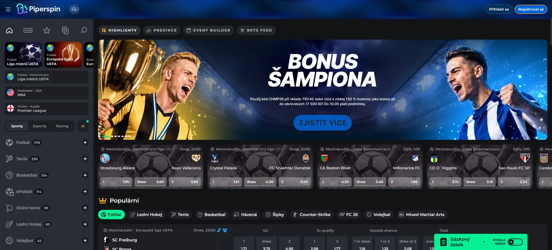Stránka se sportovním sázením PiperSpin Casino
