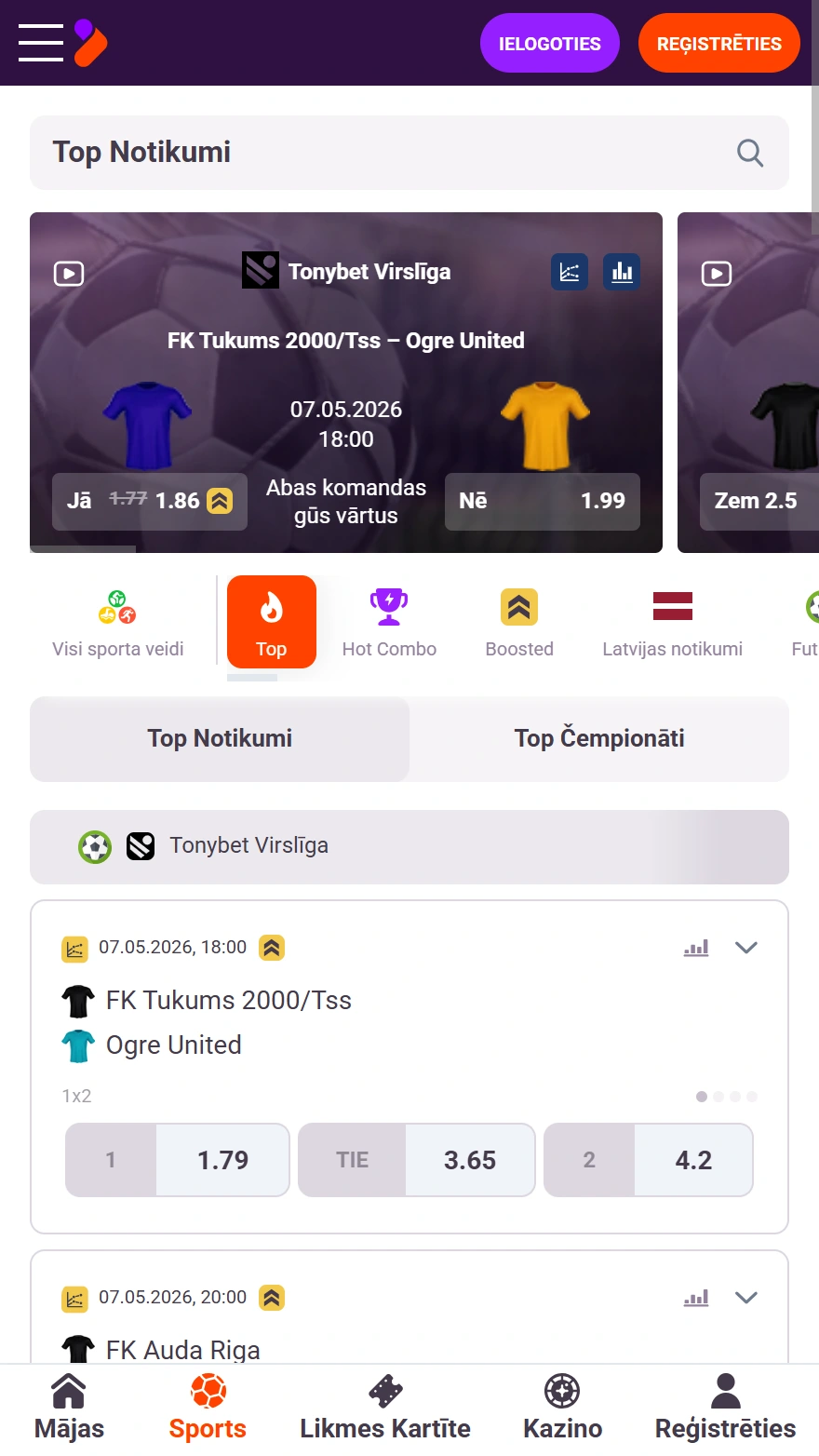 TonyBet sporta likmju lapa