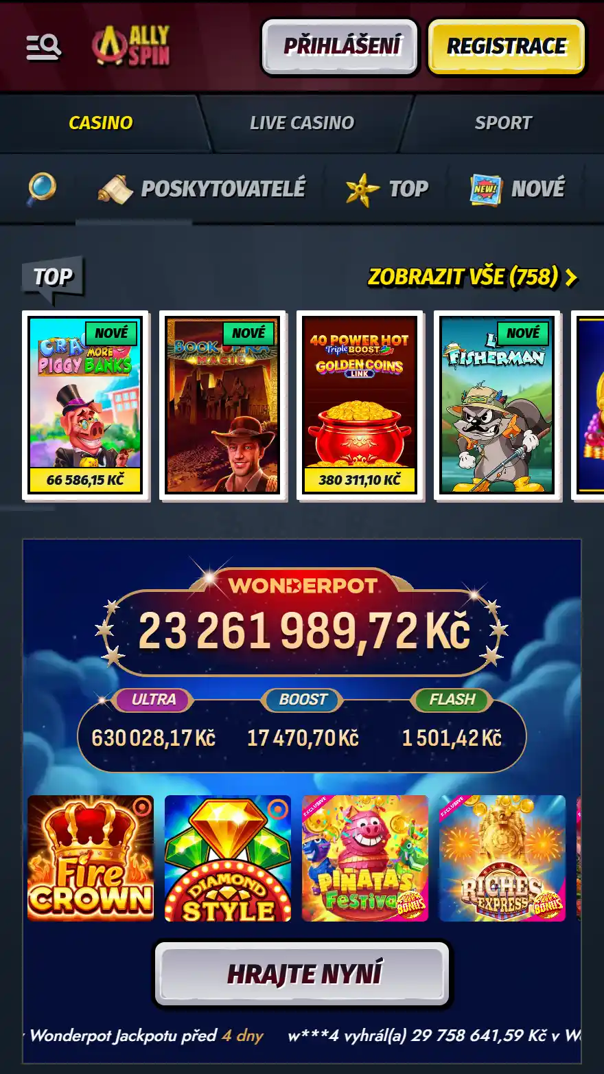 Stránka s kasinovými hrami AllySpin
