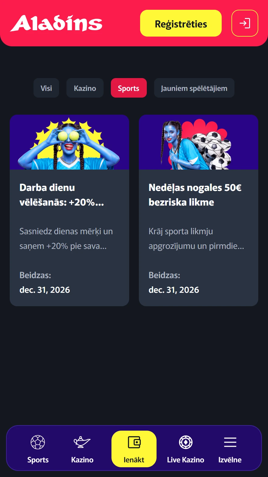 Aladins bonusi sporta likmēm