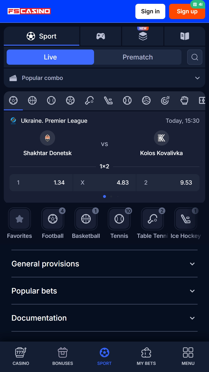 FS Casino sporta likmju lapa