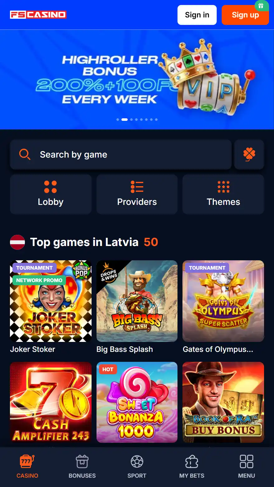FS Casino spēļu lapa