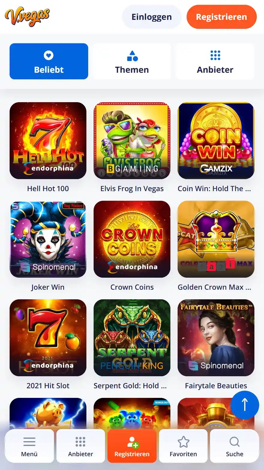 V. Vegas Casino-Spieleseite