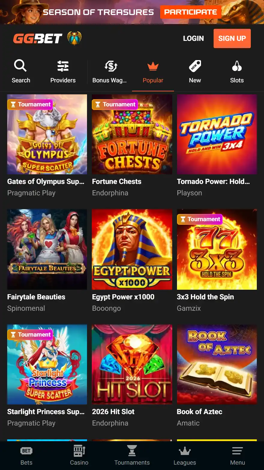 GGBet kazino spēļu lapa