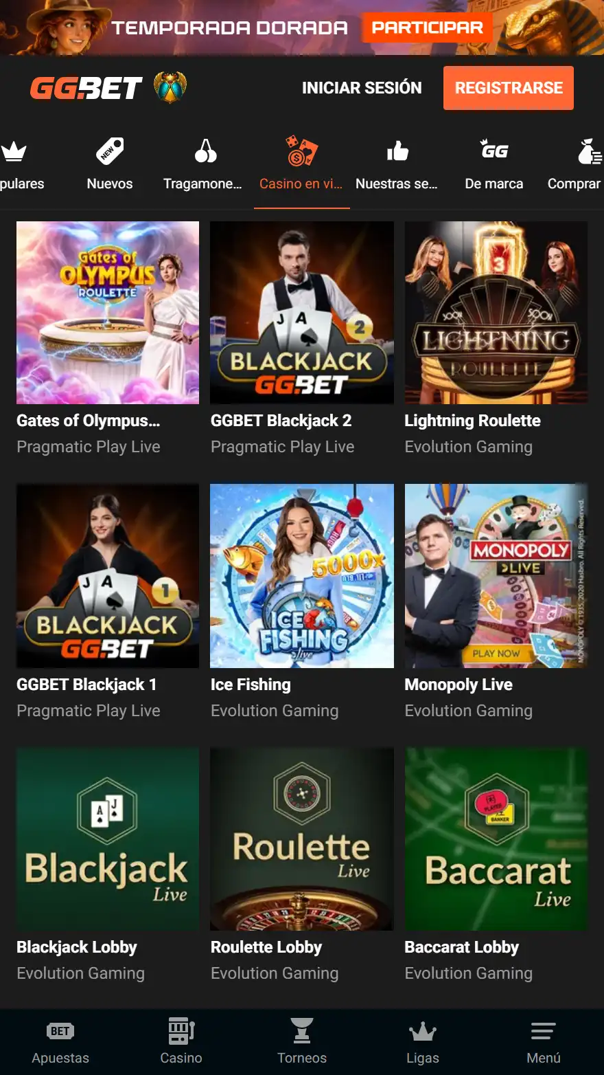 Página del Casino en vivo GGBet