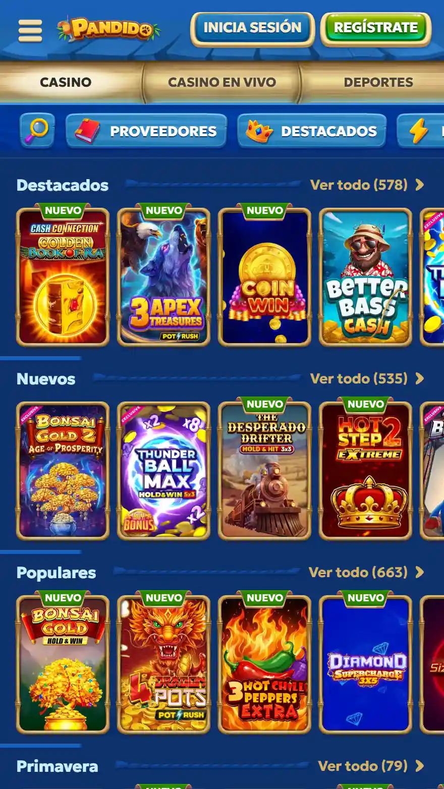 Página de juegos de Pandido Casino