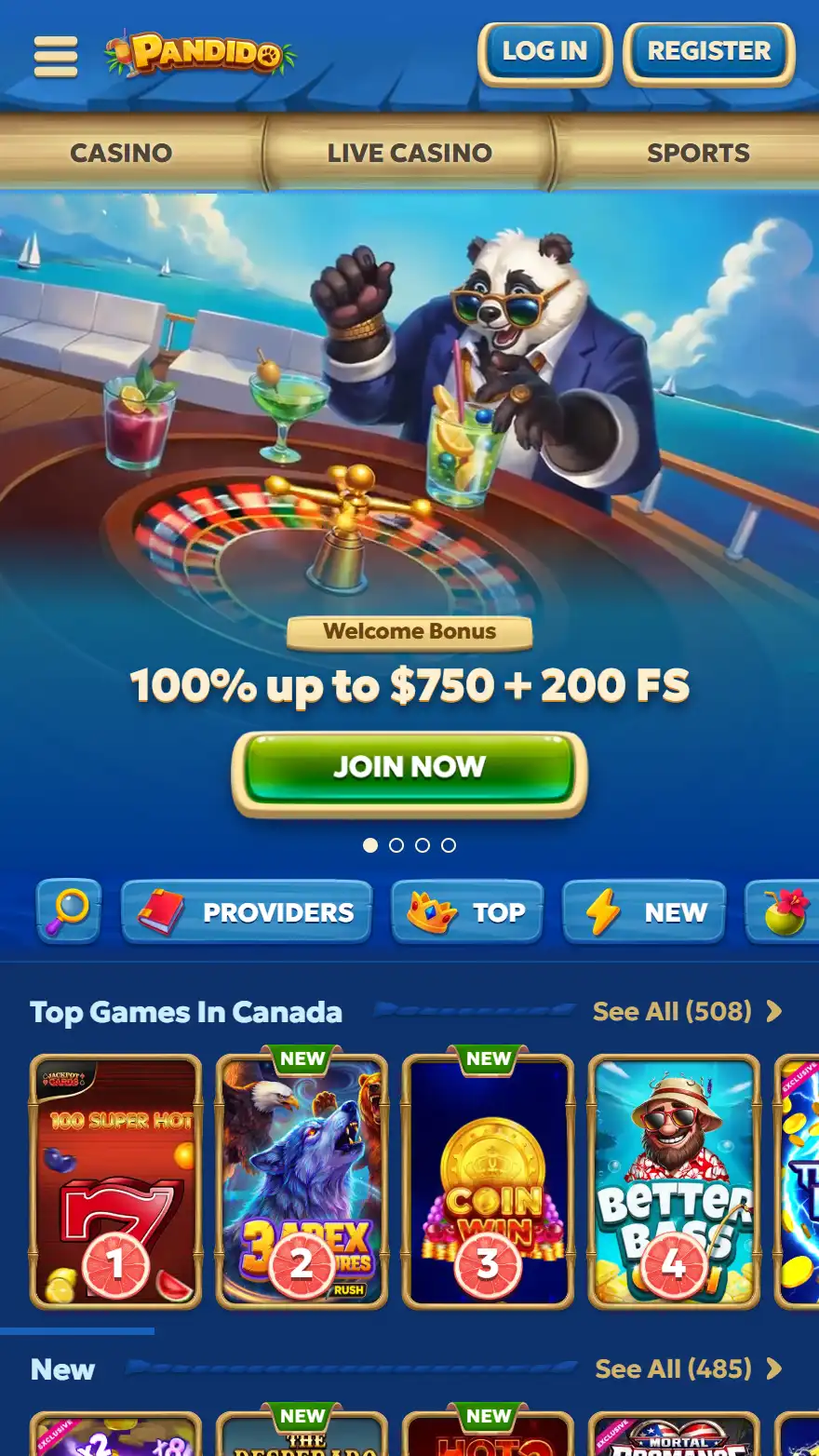 Pandido Casino homepage