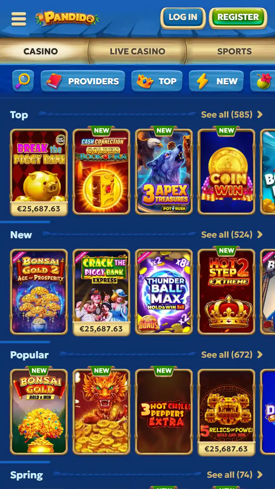 Pandido Casino games page