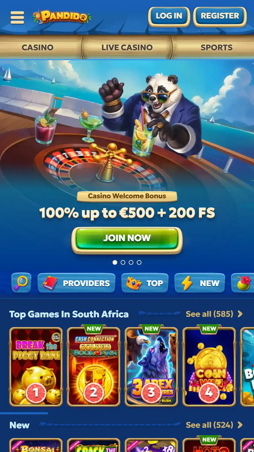 Pandido Casino homepage