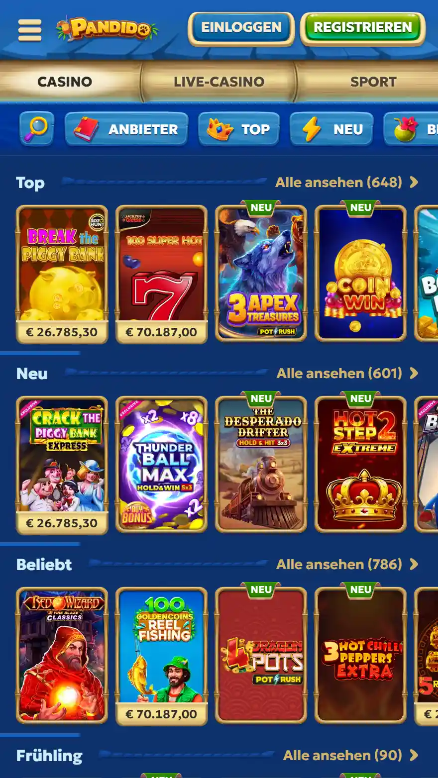 Pandido Casino-Spieleseite