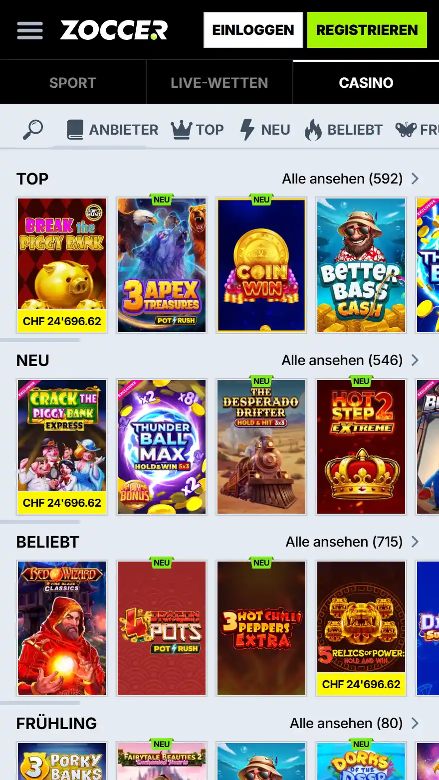 Zoccer Casino Spieleseite