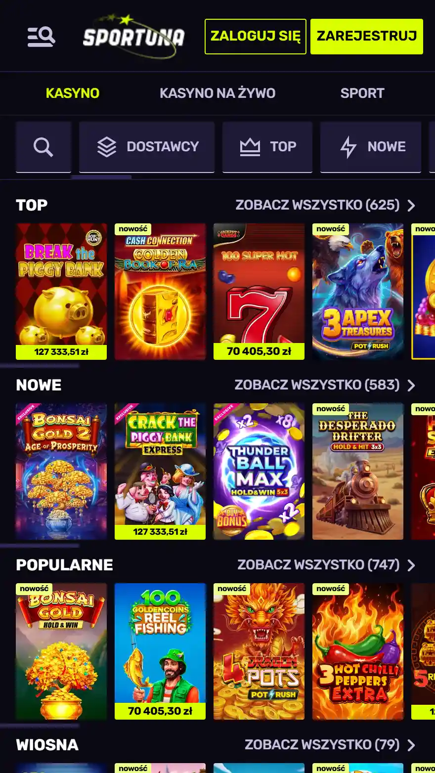 Strona z grami kasynowymi Sportuna