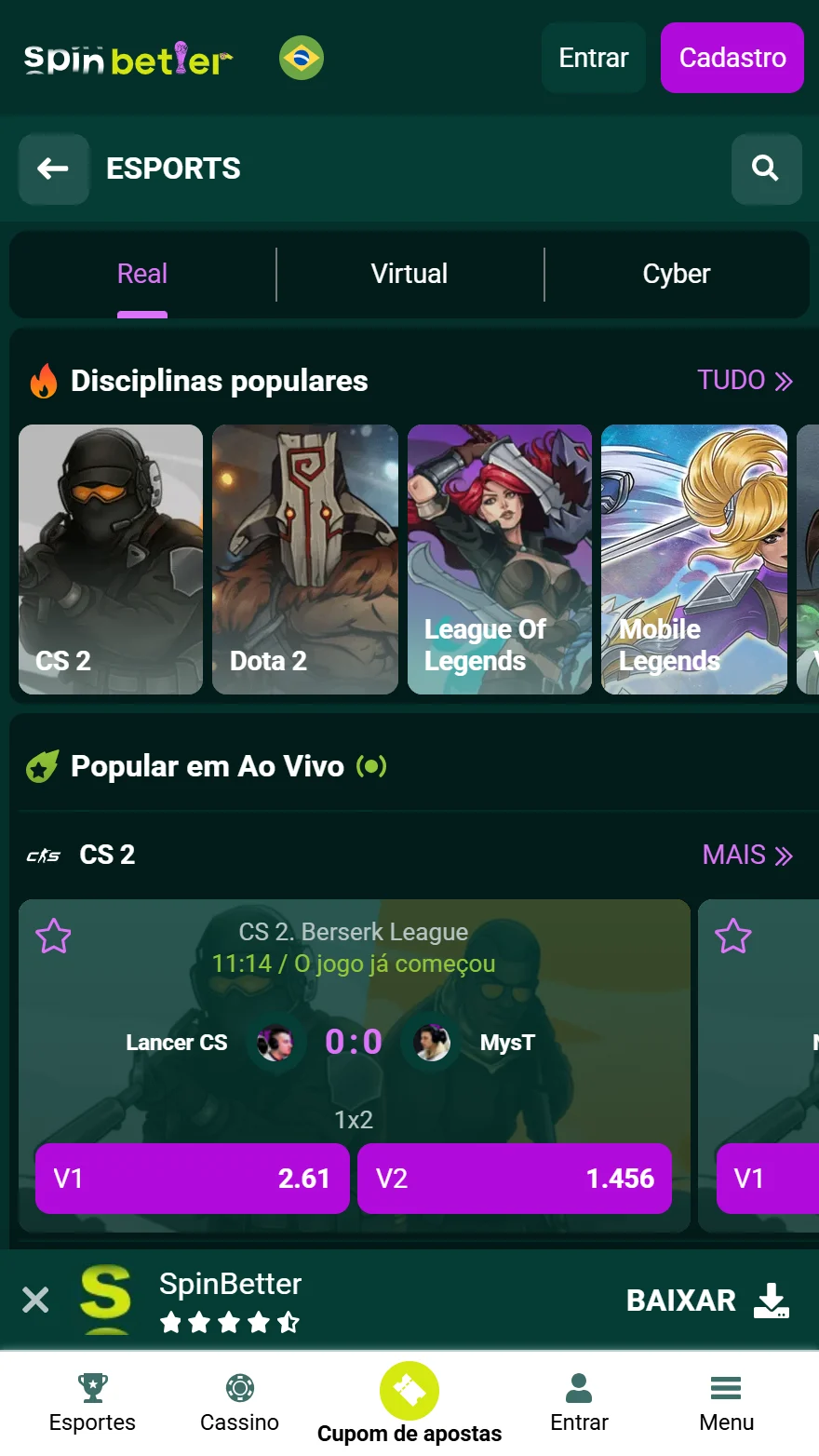 Página de apostas em e-sports Spinbetter