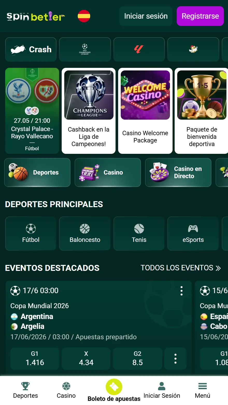 Página principal del casino Spinbetter