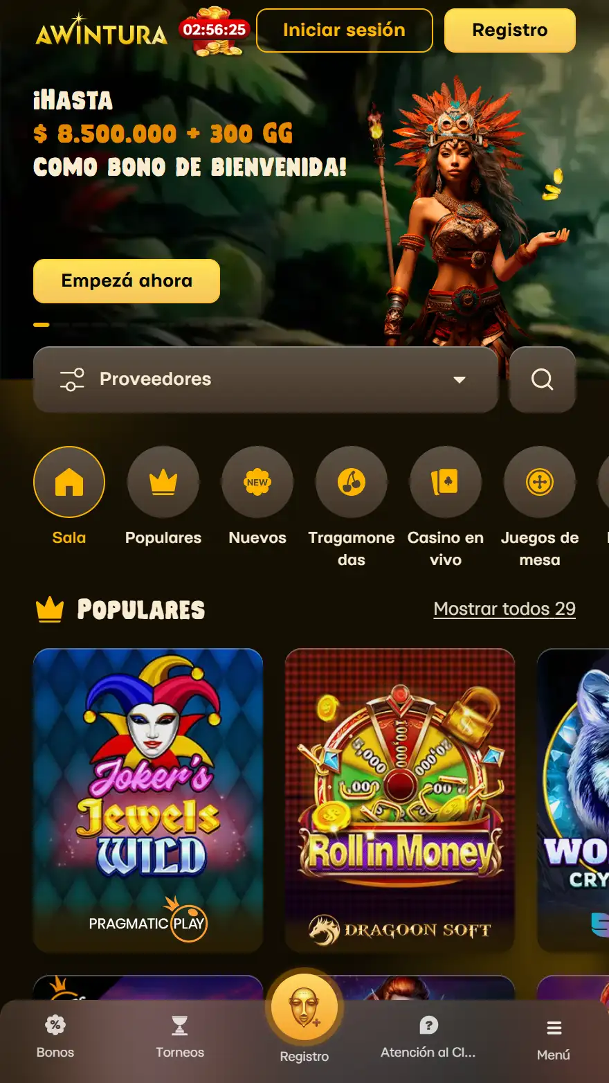 Página principal del casino Awintura