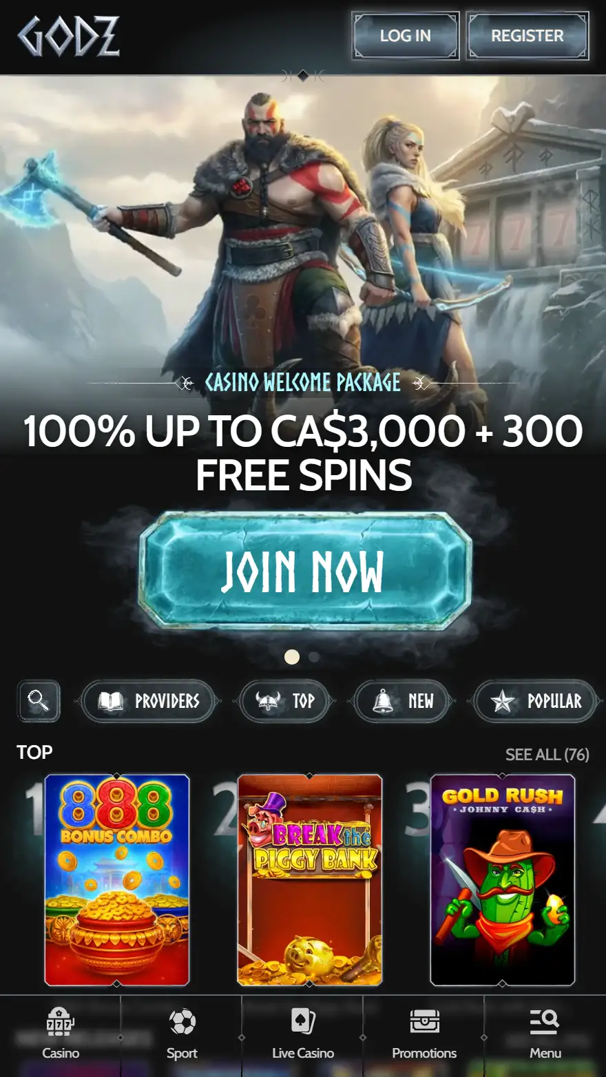 Godz Casino homepage