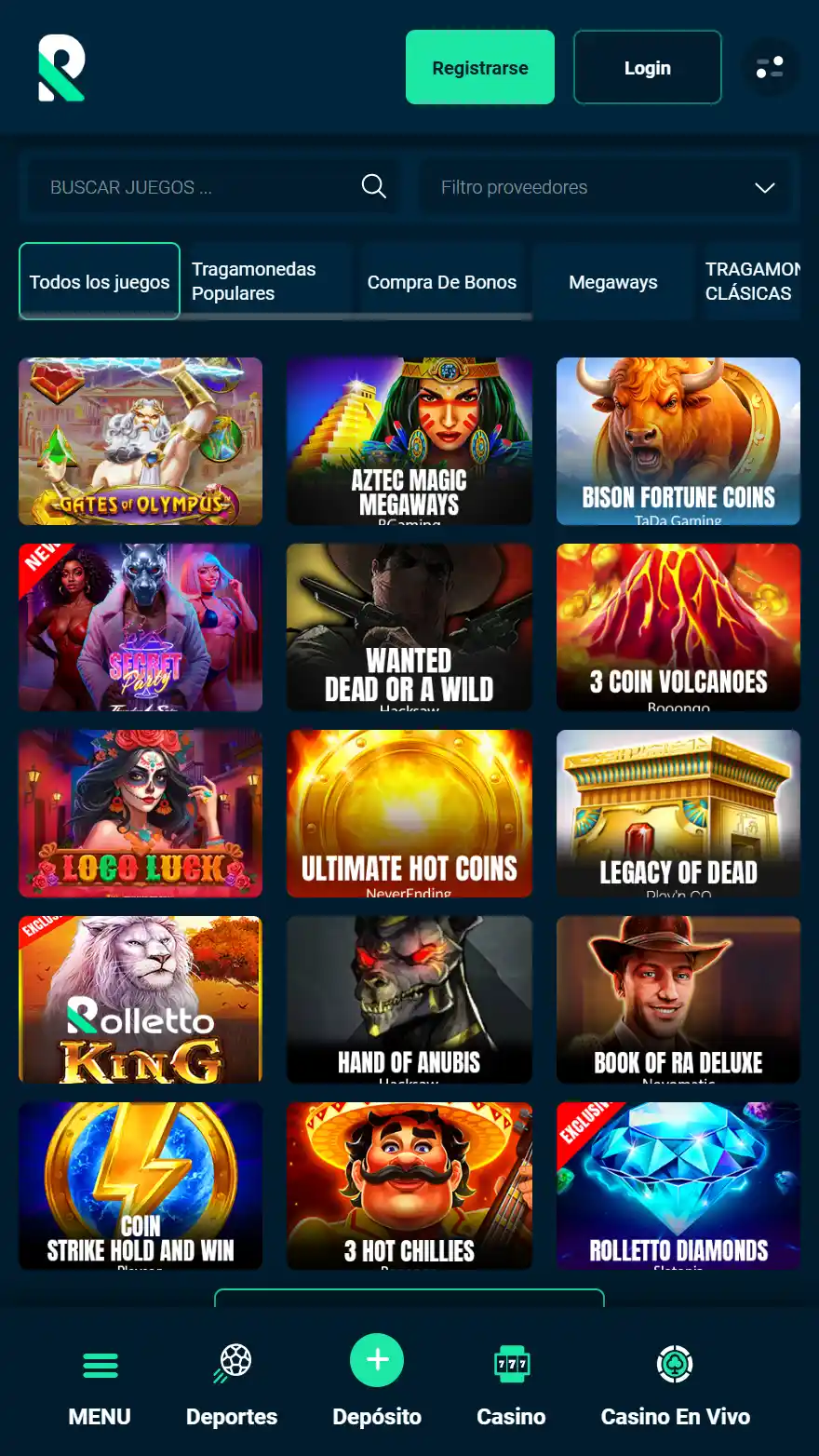 Página de juegos de Rolletto Casino
