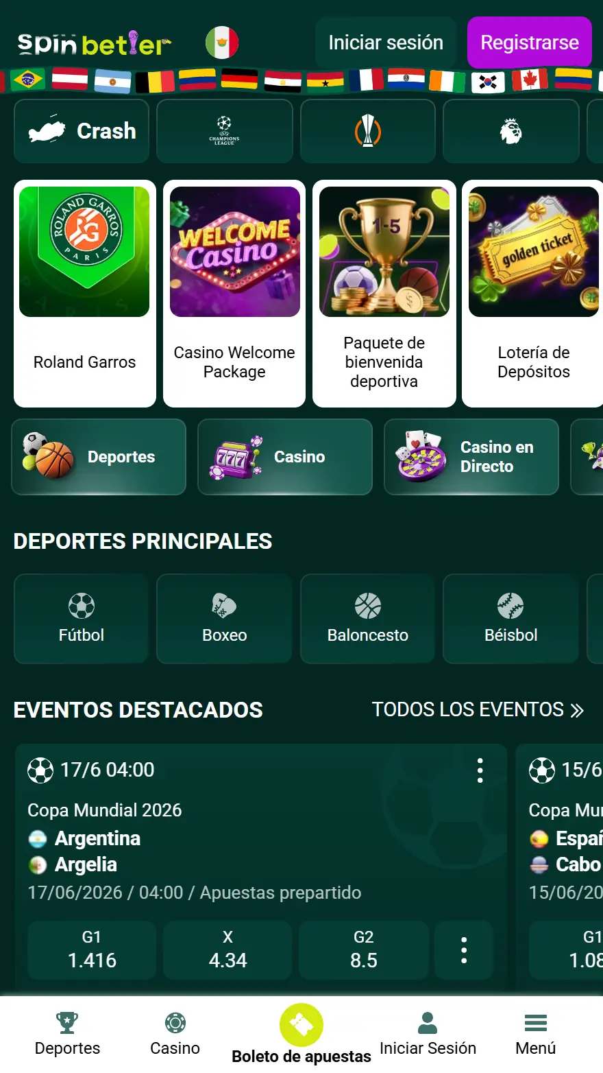 Página principal del casino SpinBetter