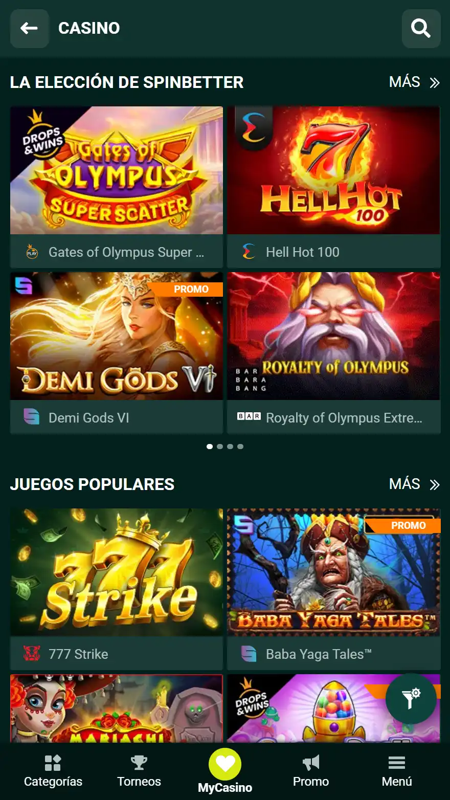 Página de juegos de casino SpinBetter