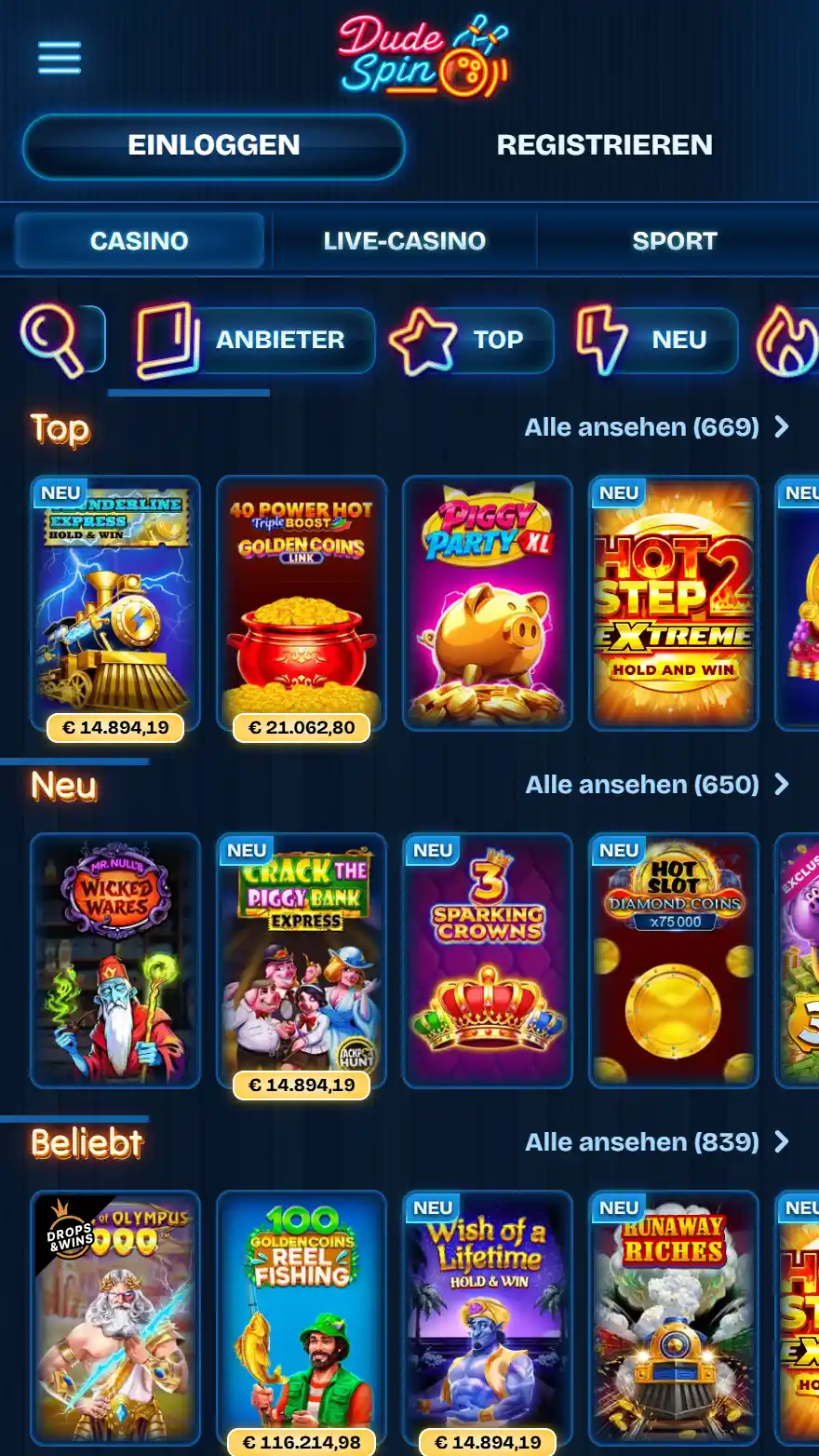 Dudespin Casino-Spieleseite