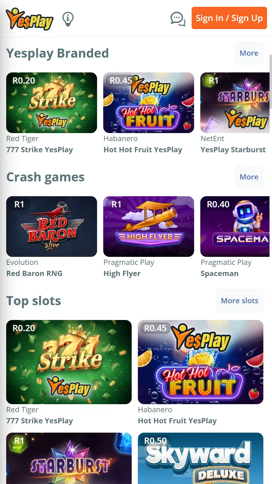 YesPlay casino games page