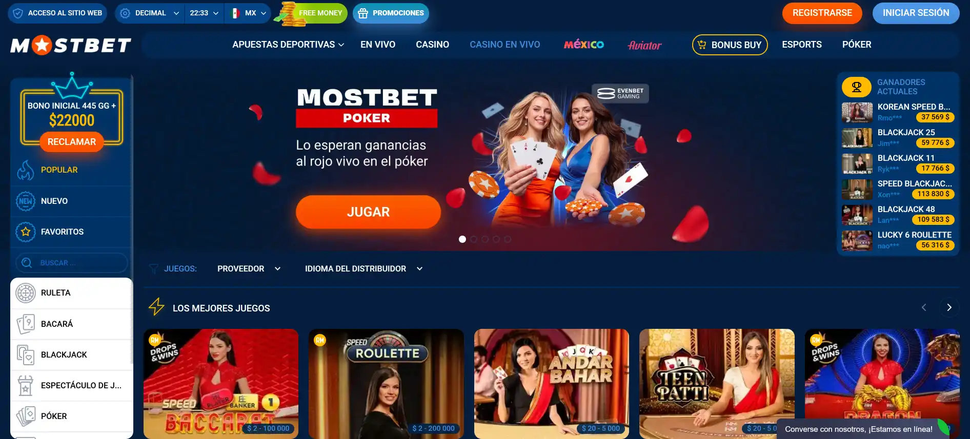 Casino en vivo Mostbet