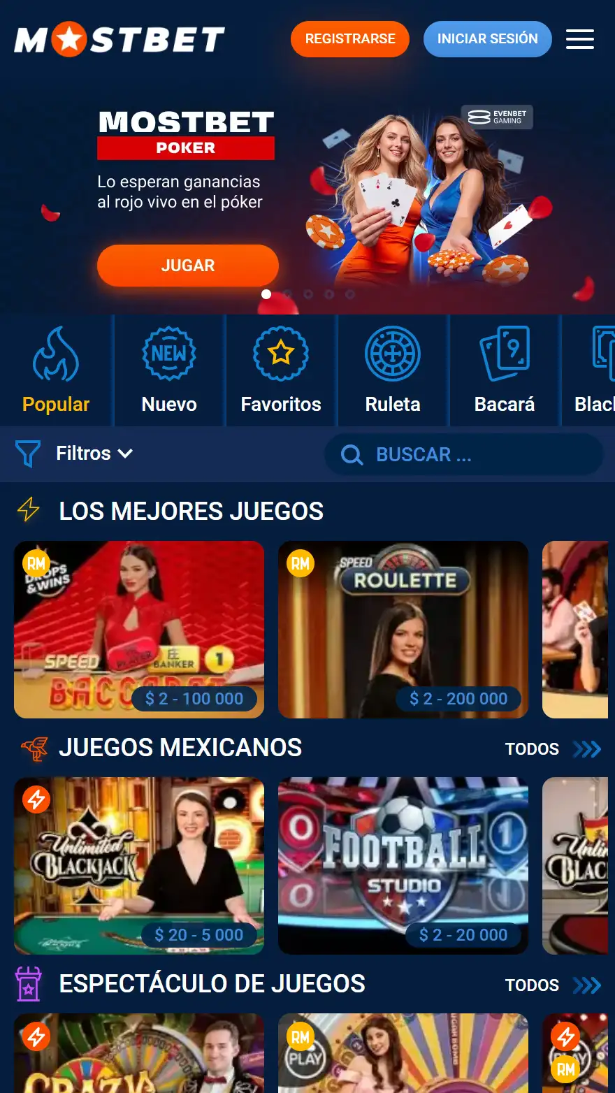 Página de casino en vivo Mostbet