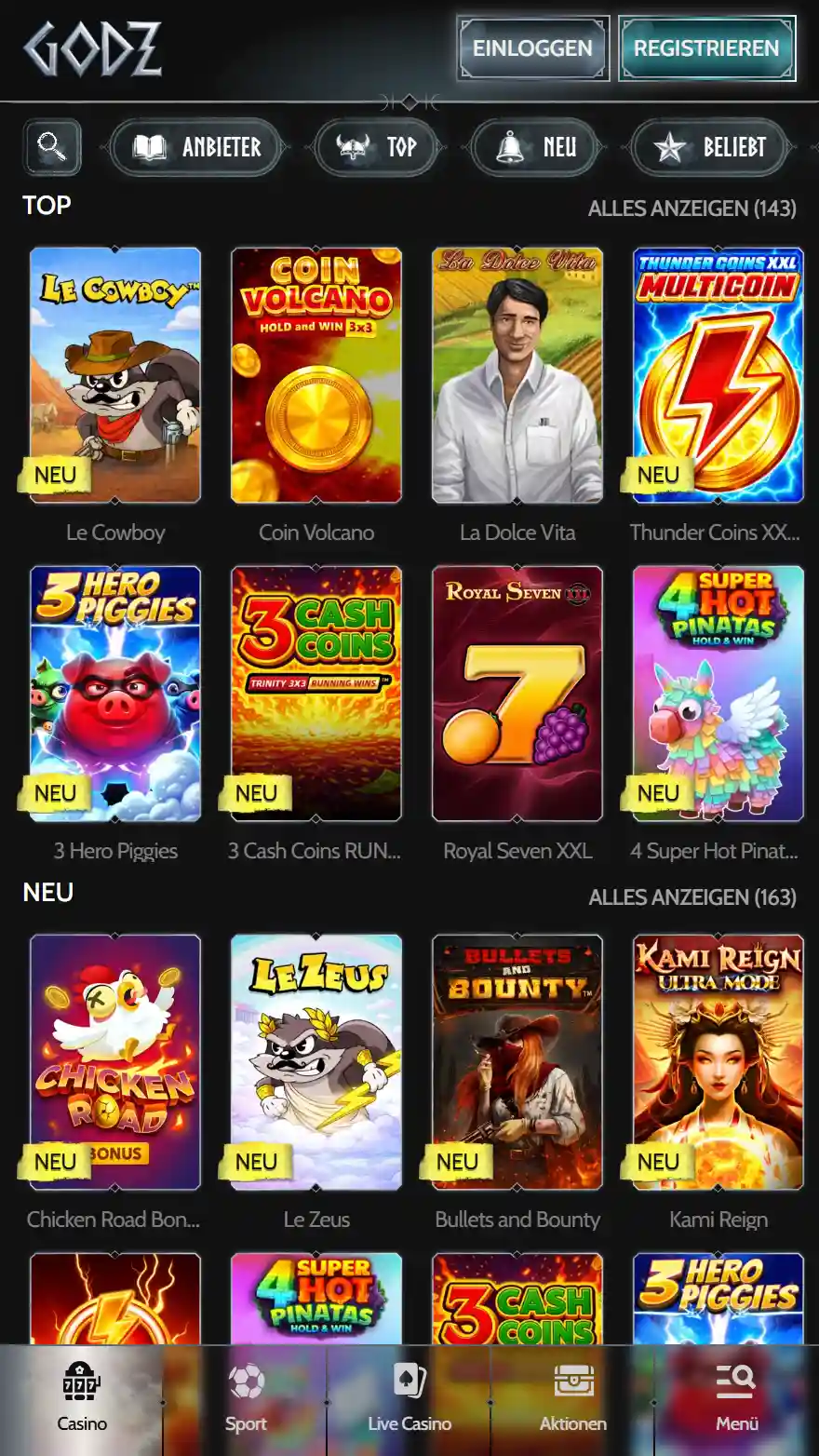 Godz Casino-Spieleseite