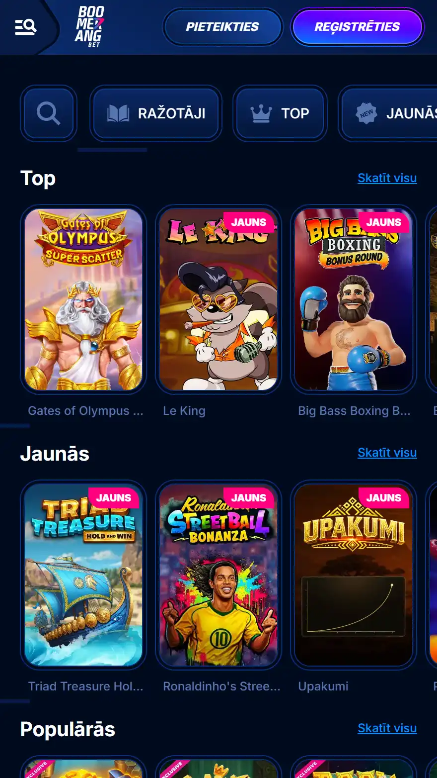 Boomerang Bet kazino spēļu lapa