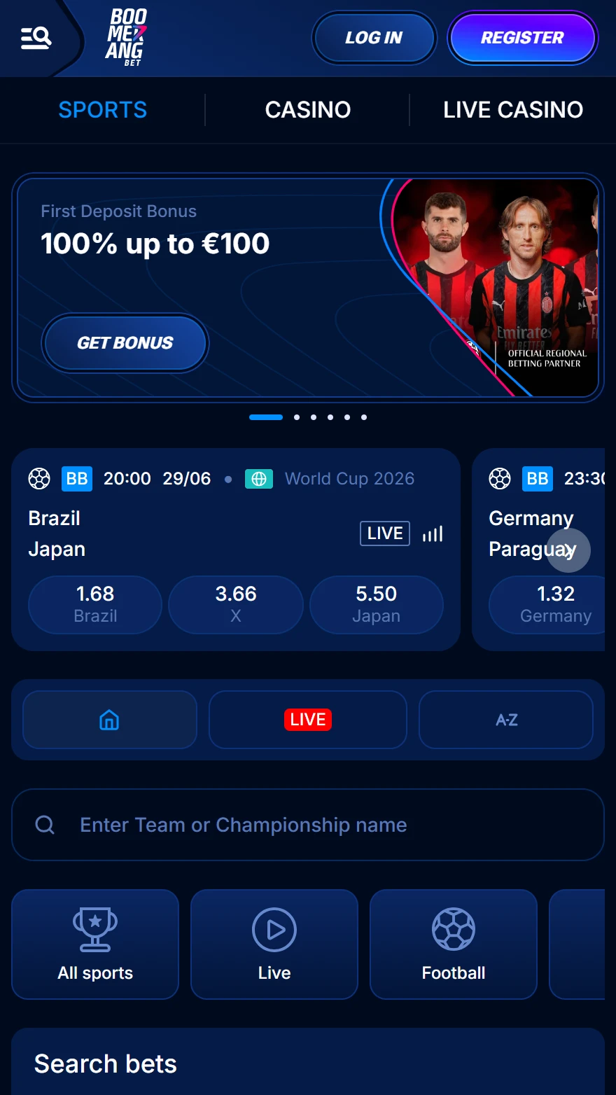 Boomerang Bet страница ставок на спорт