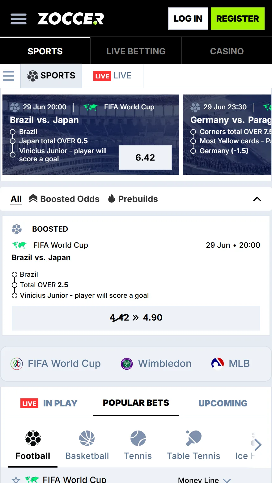 Zoccer sports betting page